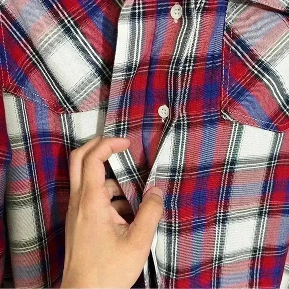 SAM EDELMAN Red, White, and Blue Plaid Woman Button Down | size Large - Picture 11 of 13